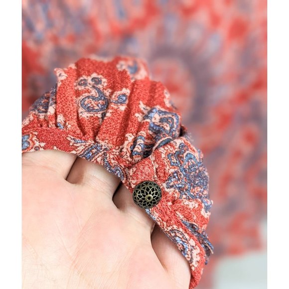 Maroon Paisley Print Peasant Blouse Flowy Pleated Casual Top Balloon Sleeves - Picture 7 of 9